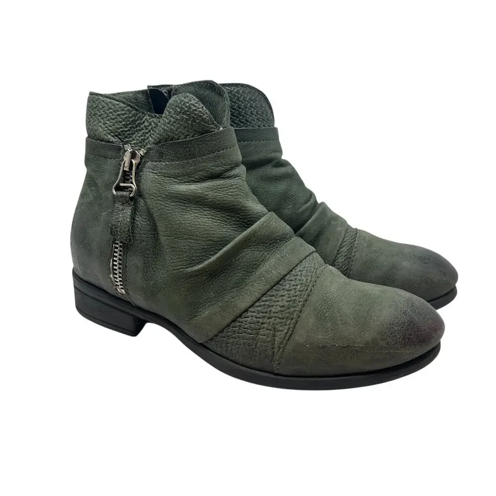 Miz Mooz Sunny Green Leather Ankle Booties Boots Ruched Zip EU 36 US 6 Womens
